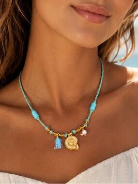 Beachy Turquoise Cord Gold Shell Necklace